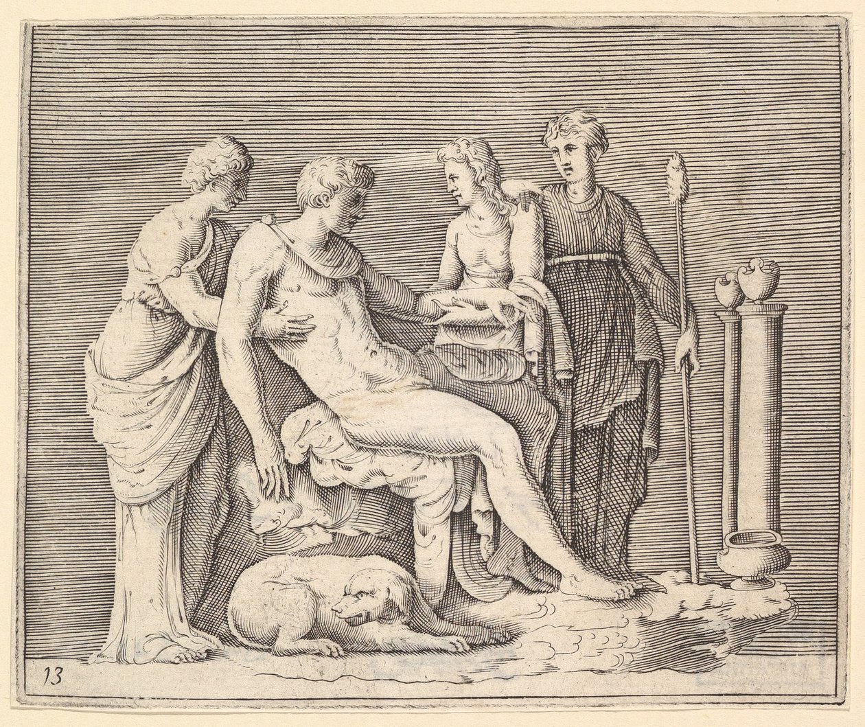 Uomo Assistito da Tre Donne, pubblicato ca. 1599-1622 da Unbekannt