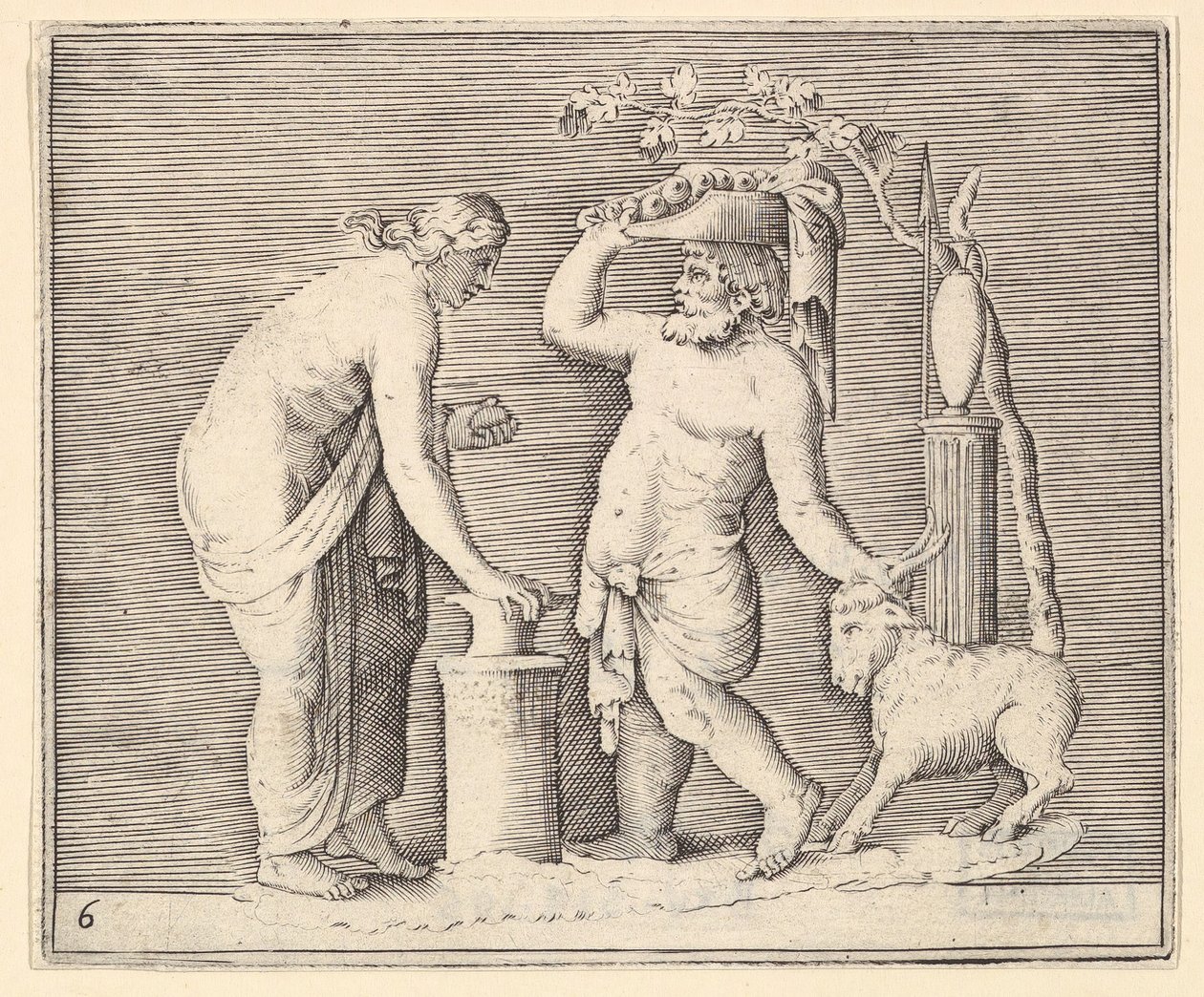 Uomo e donna che sacrificano una capra, pubblicato ca. 1599-1622 da Unbekannt