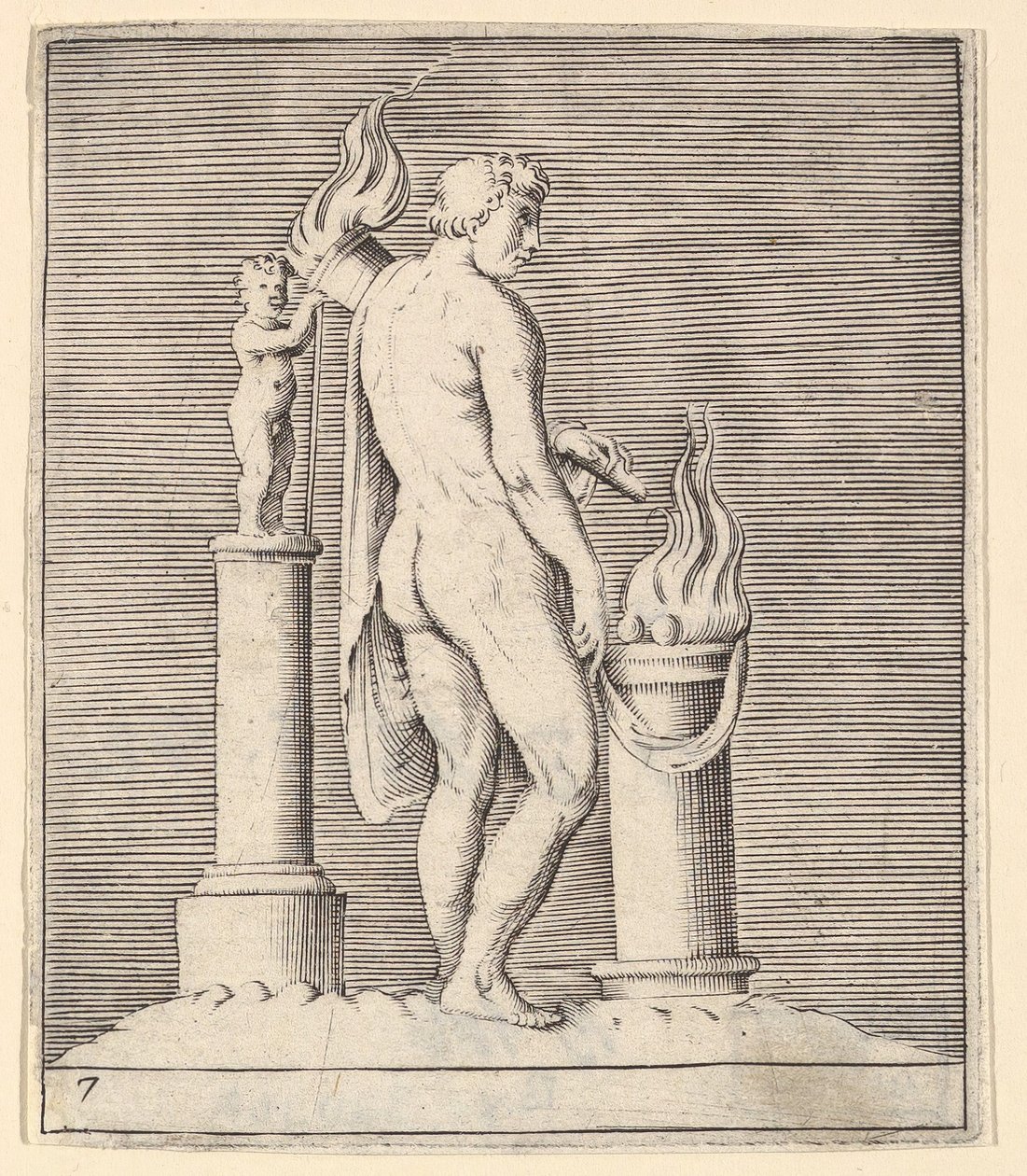 Uomo con torcia tra altare fiammeggiante e statuetta, pubblicato ca. 1599-1622 da Unbekannt