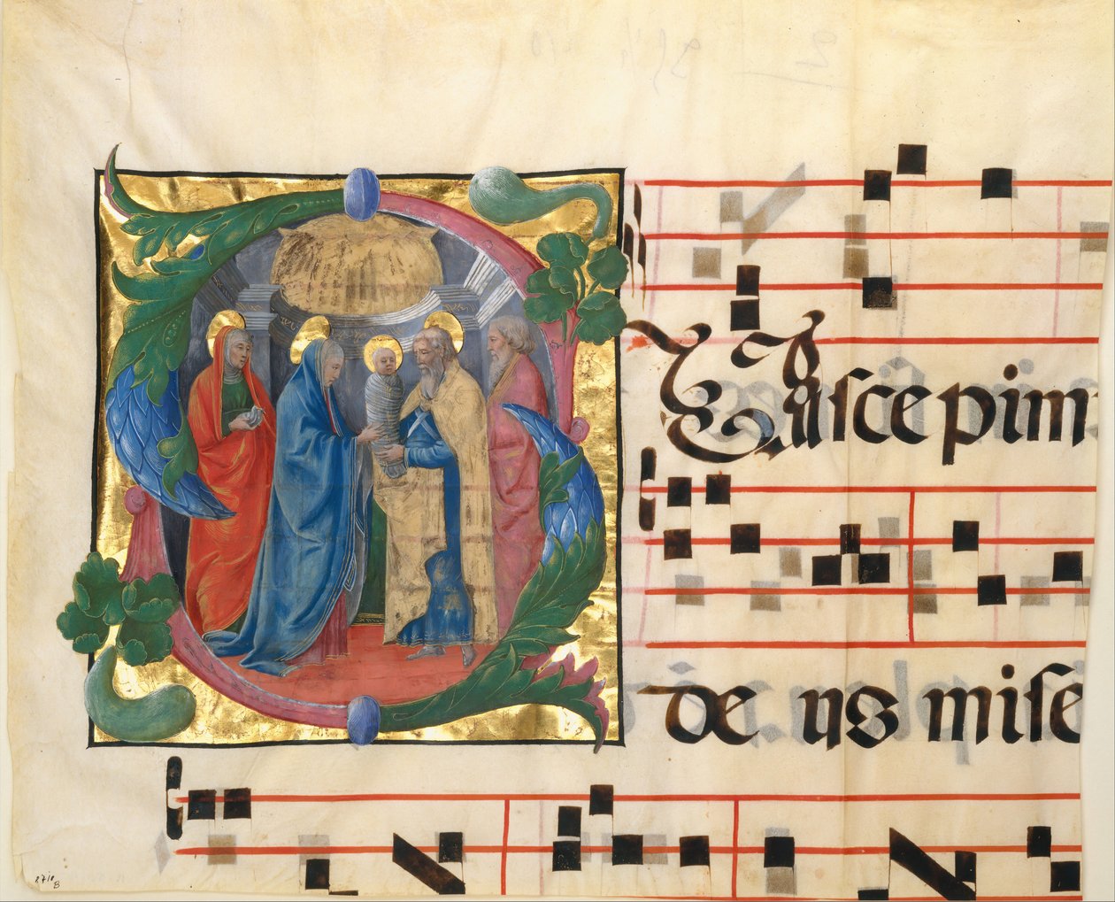 Illuminazione del manoscritto con la Presentazione al Tempio in una iniziale S, da un Graduale, 1450-60 da Unbekannt