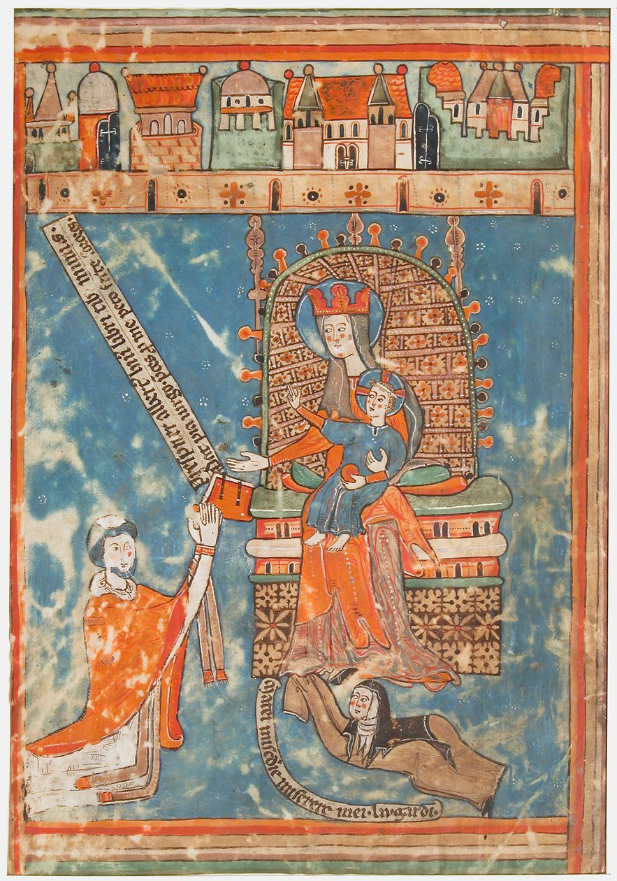 Foglio di manoscritto con dedica di un libro alla Vergine, tedesco, ca. 1400 da Unbekannt