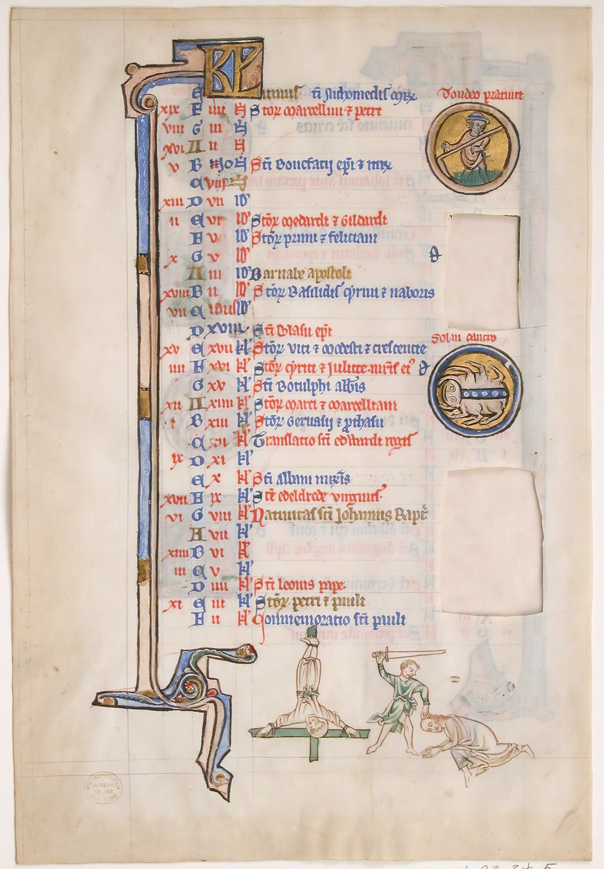 Foglio di manoscritto con calendario di giugno, da un Salterio reale, XIII secolo da Unbekannt