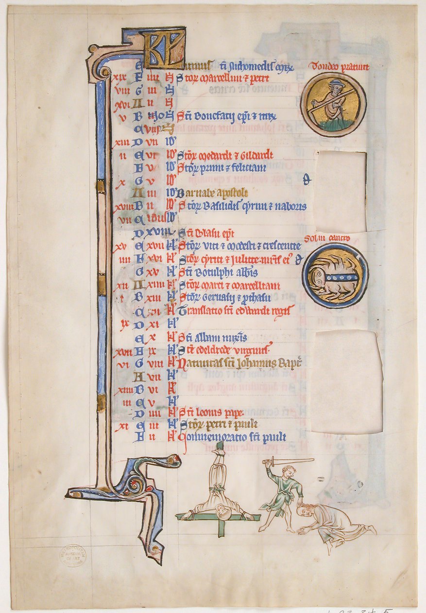 Foglio di manoscritto con calendario di giugno, da un Salterio Reale, britannico, XIII secolo da Unbekannt