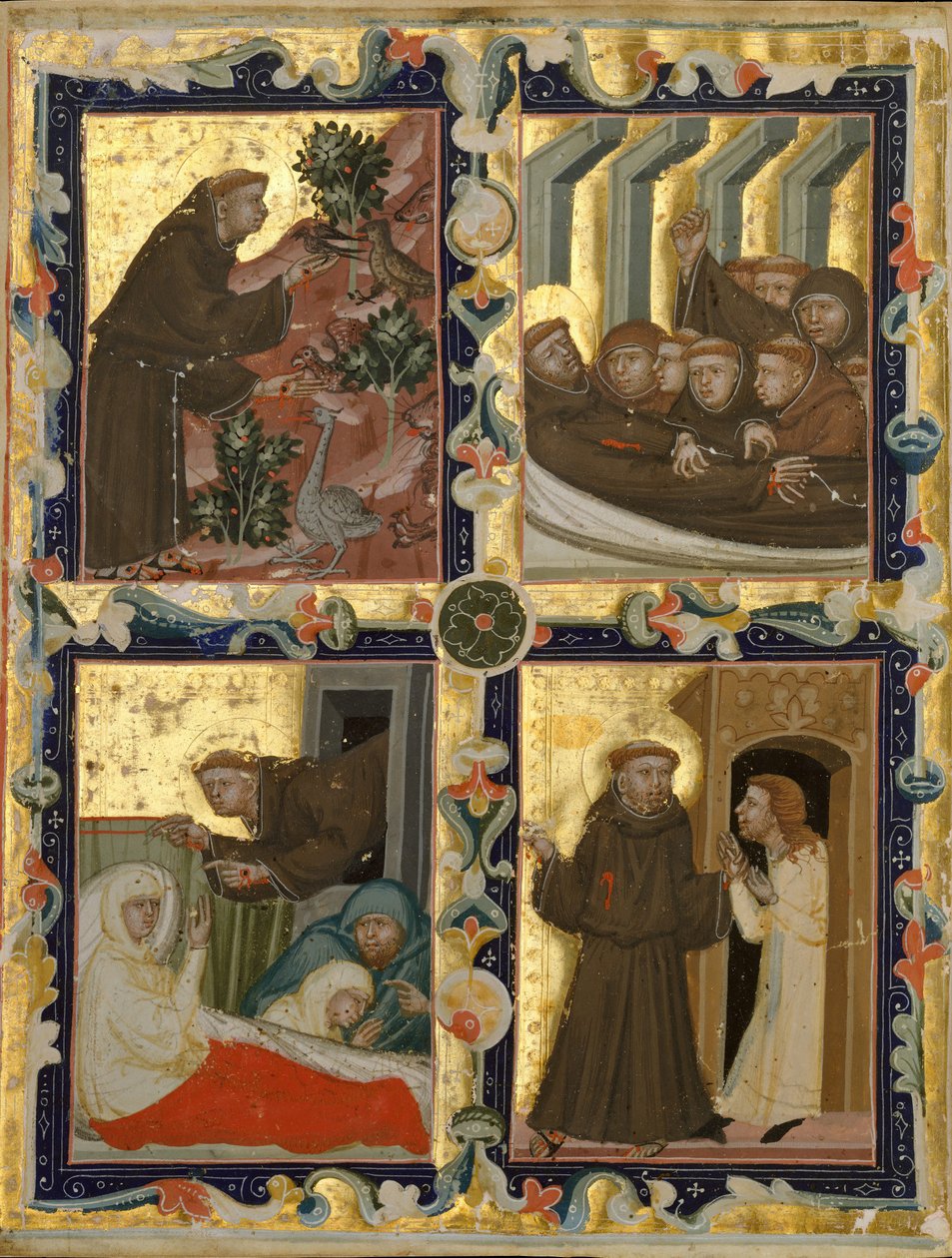 Foglio di manoscritto con scene della vita di San Francesco d