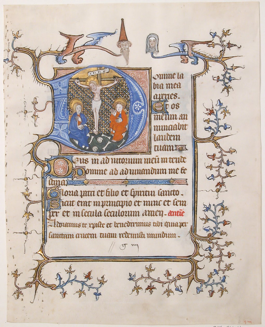 Foglio di manoscritto con la Crocifissione in un