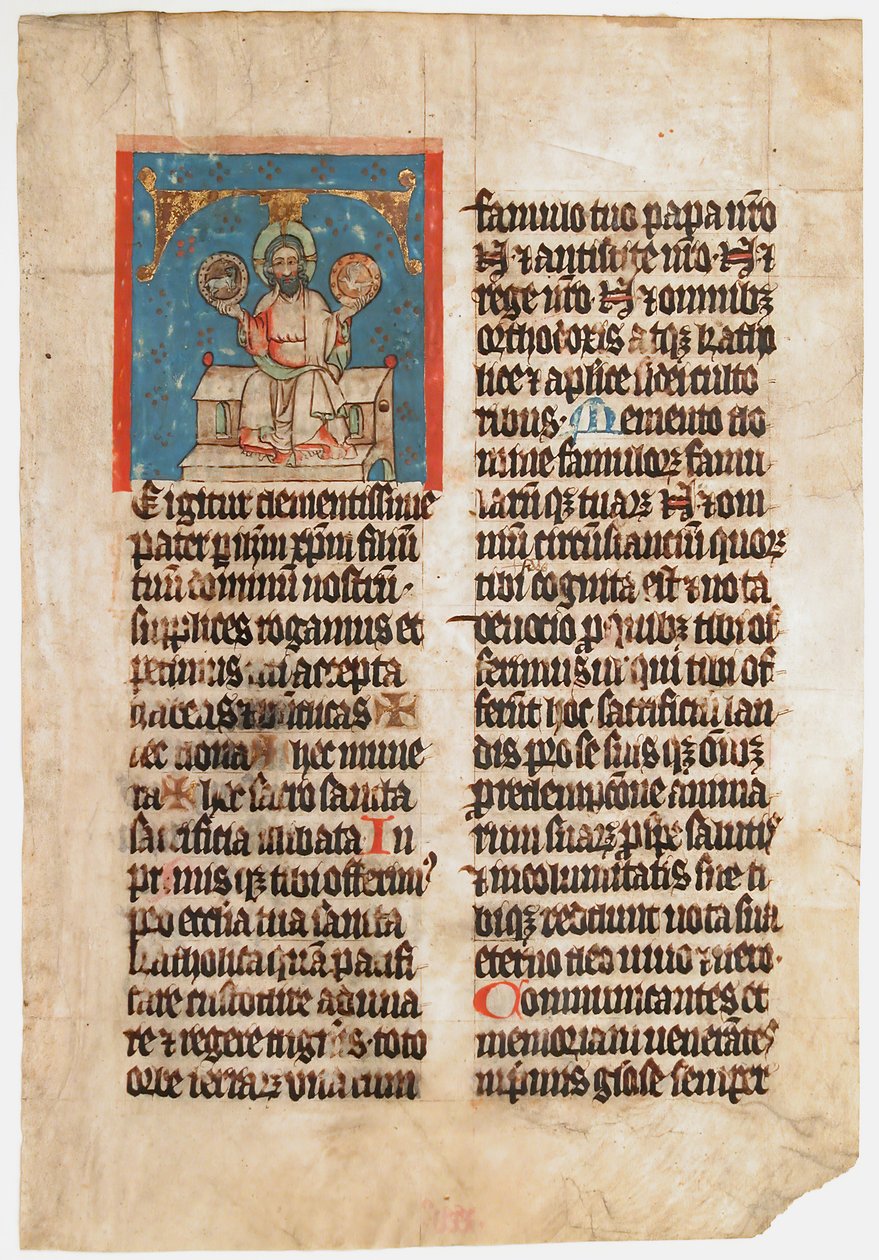 Foglio di Manoscritto con la Santissima Trinità in una Iniziale T, da un Messale, ca. 1390 da Unbekannt