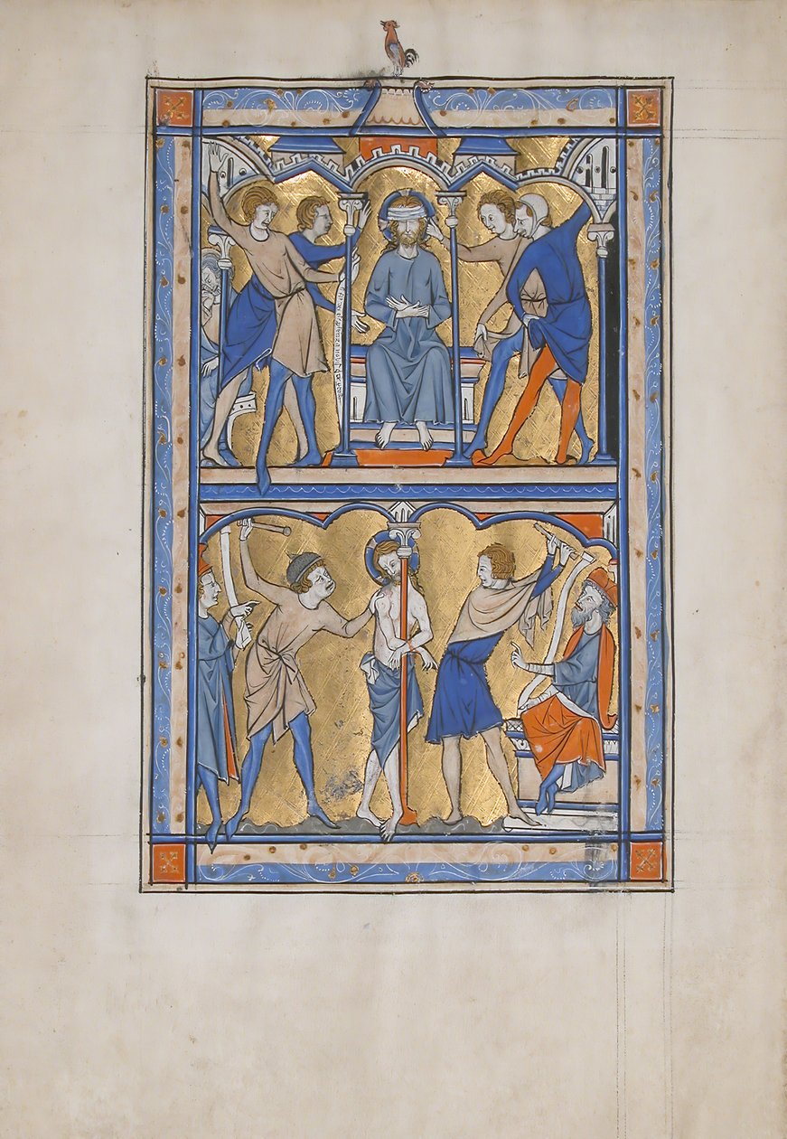Foglio di manoscritto con la derisione e flagellazione di Cristo, da un Salterio reale, XIII secolo da Unbekannt