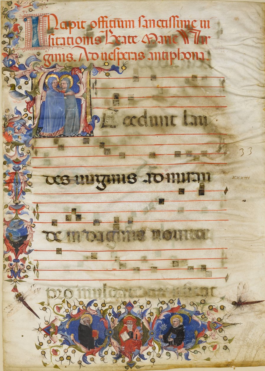 Foglio di Manoscritto con la Visitazione in una Iniziale A e Cardinale Adam Easton..., ca. 1400 da Unbekannt