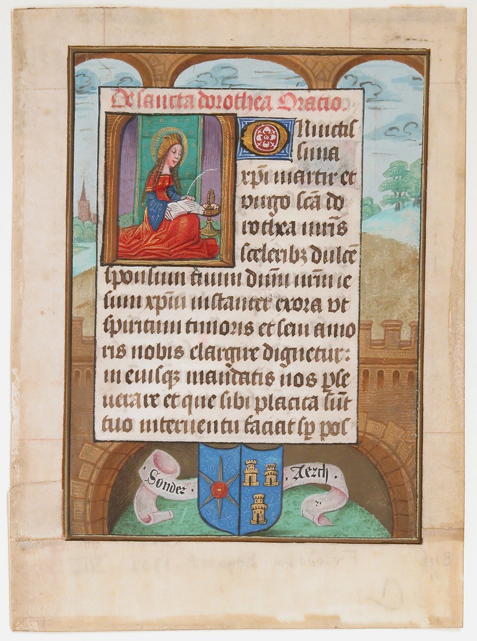 Foglio di manoscritto con Santa Dorotea, da un Libro d