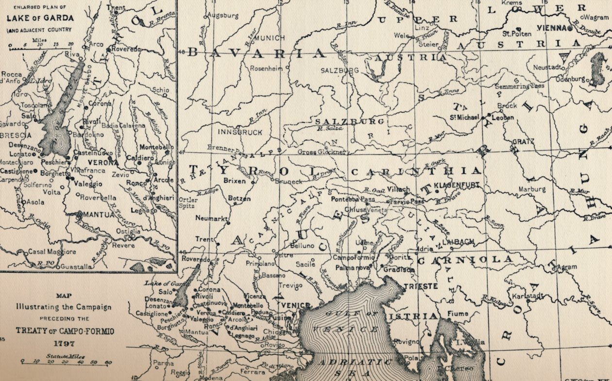 Mappa che illustra la campagna precedente il Trattato di Campo-Formio, 1797, 1896 da Unbekannt