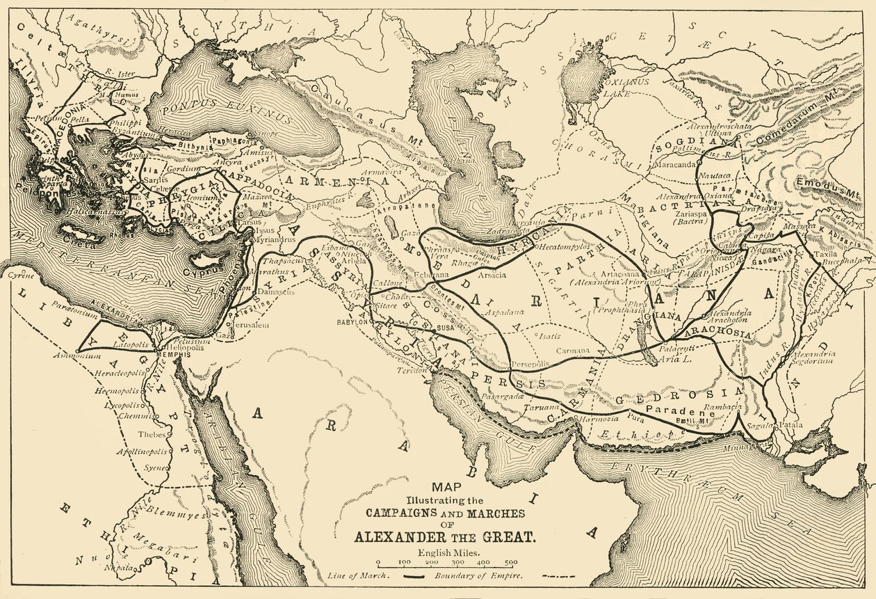 Mappa che illustra le campagne e le marce di Alessandro Magno, 1890 da Unbekannt