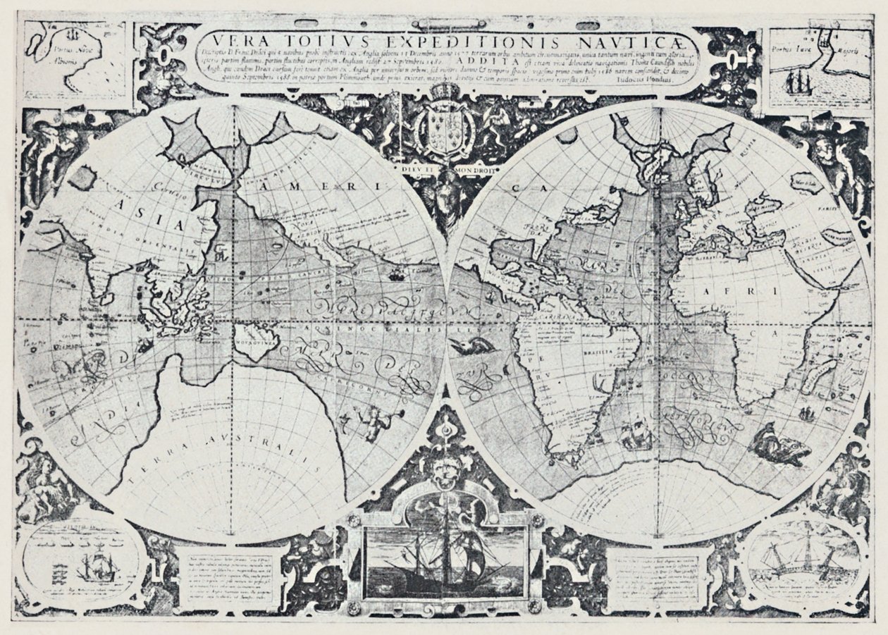 Mappa che mostra il viaggio di circumnavigazione di Drake 1577-1580, 1923 da Unbekannt