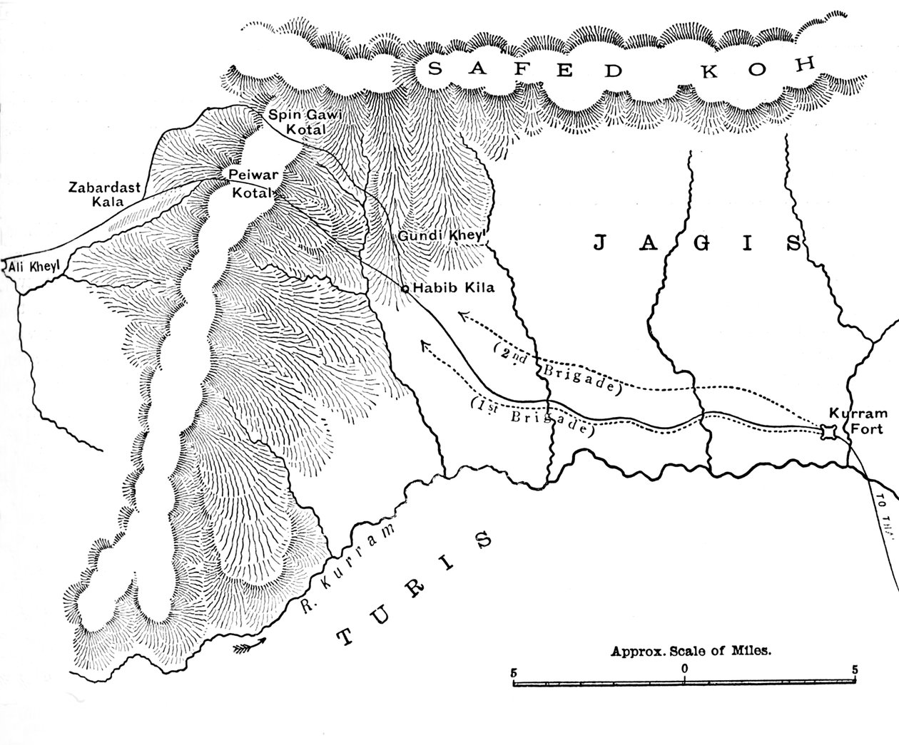 Mappa che mostra la marcia del generale Roberts verso Peiwar Kotal dal 28 novembre al 1 dicembre 1878, c1880 da Unbekannt