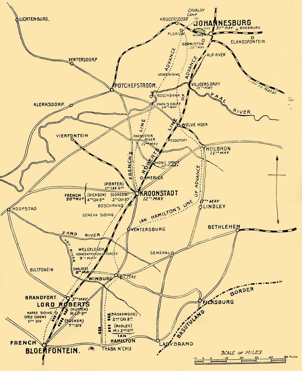Mappa che Mostra le Linee di Avanzamento da Bloemfontein a Pretoria da Unbekannt