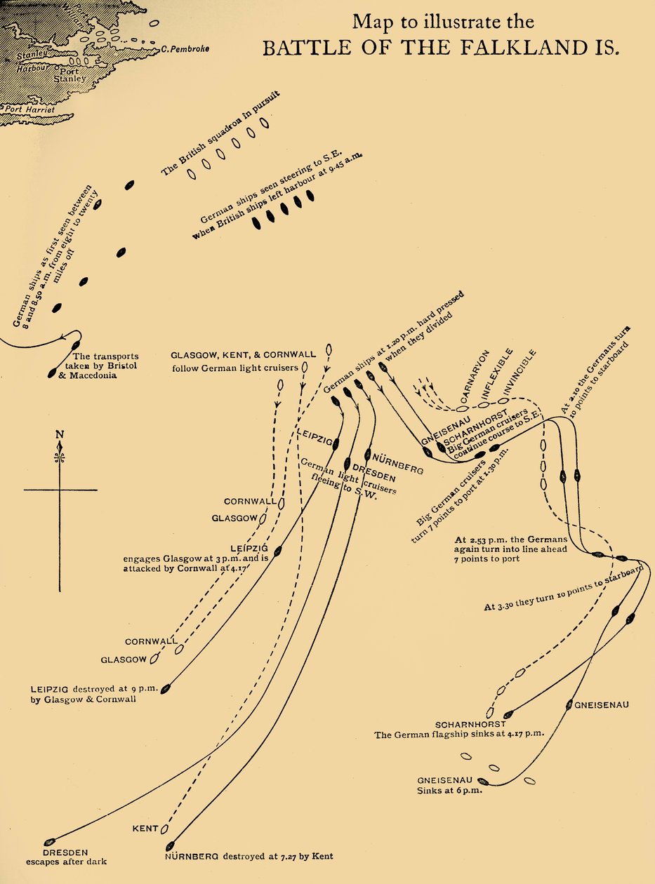 Mappa che illustra la battaglia delle Isole Falkland dell
