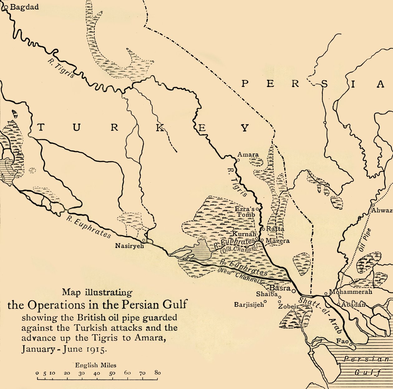 Mappa che illustra le operazioni nel Golfo Persico, Prima Guerra Mondiale da Unbekannt