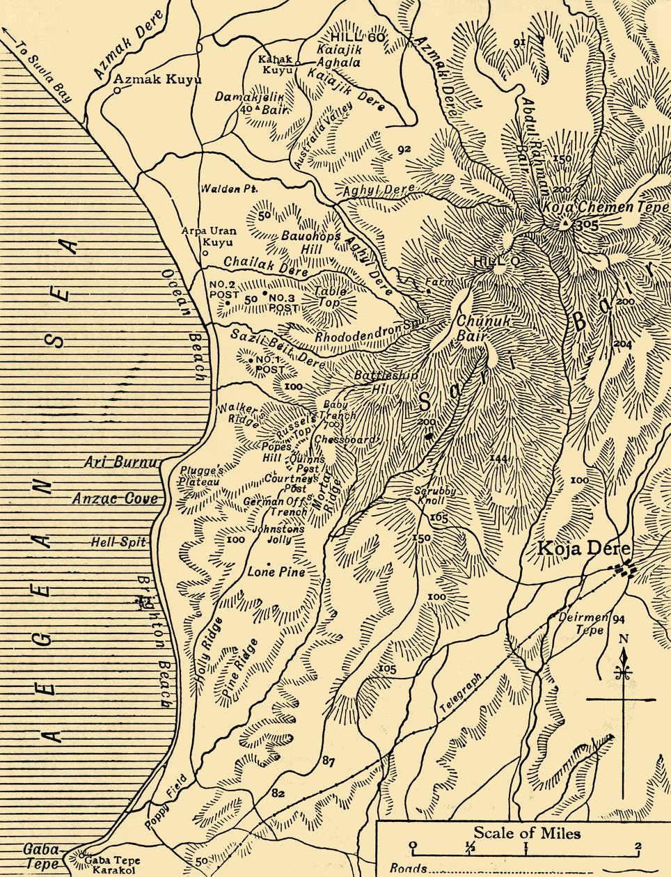 Mappa di Sari Bair, penisola di Gallipoli, Prima Guerra Mondiale, 1915 da Unbekannt