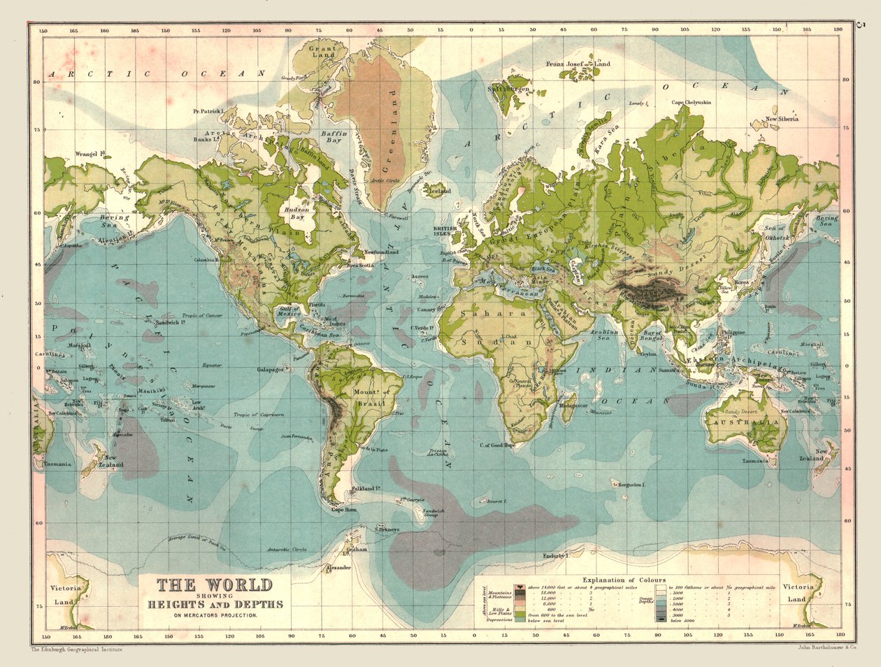 Mappa del mondo che mostra altezze e profondità, 1902 da Unbekannt