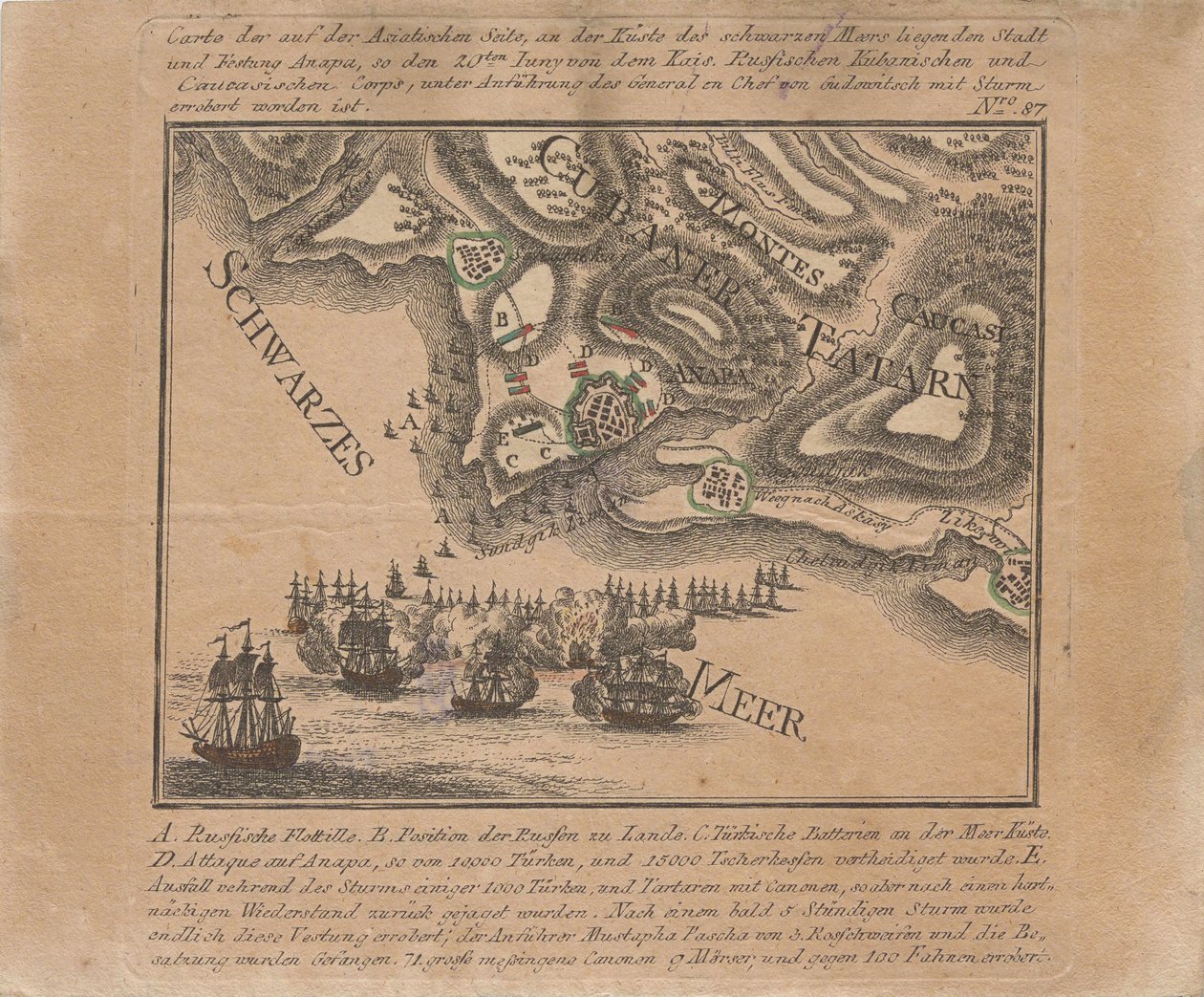 Mappa della cattura della fortezza marina di Anapa da parte delle truppe russe sul Mar Nero nel giugno 1791 da Unbekannt