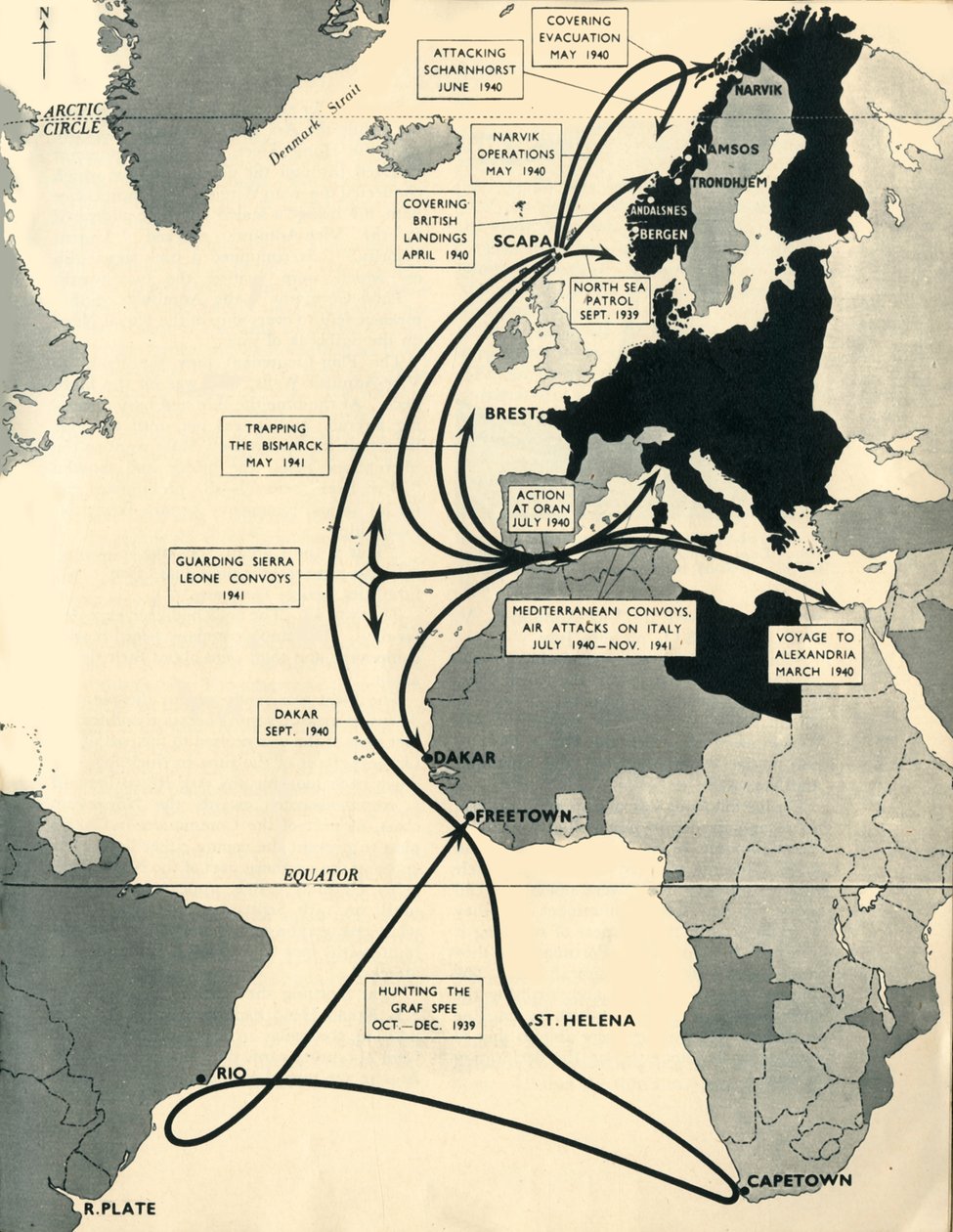 Mappa che mostra i movimenti della HMS Ark Royal, 1939-1941 da Unbekannt