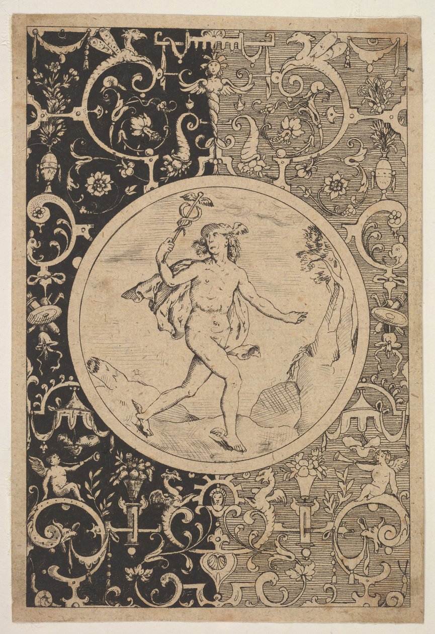 Mercurio in una cornice decorativa con grottesche da Unbekannt