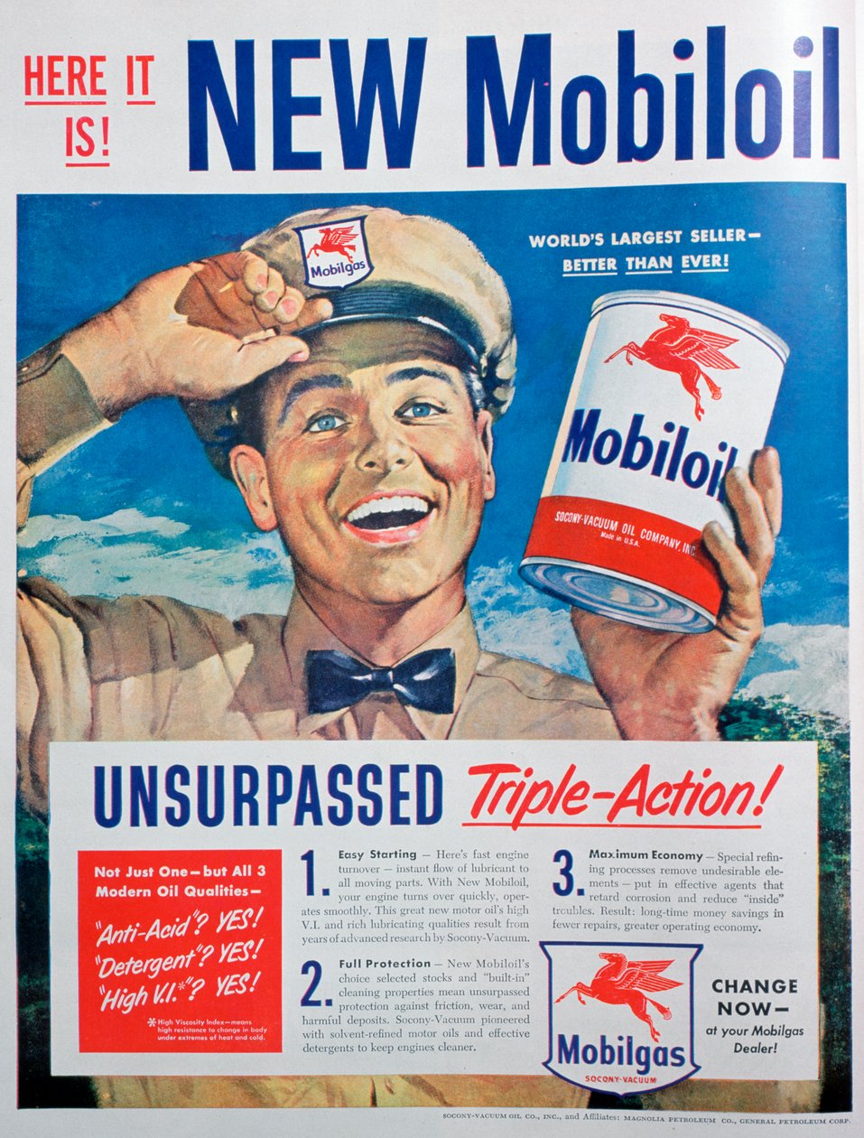 Pubblicità di olio motore Mobiloil, 1949 da Unbekannt
