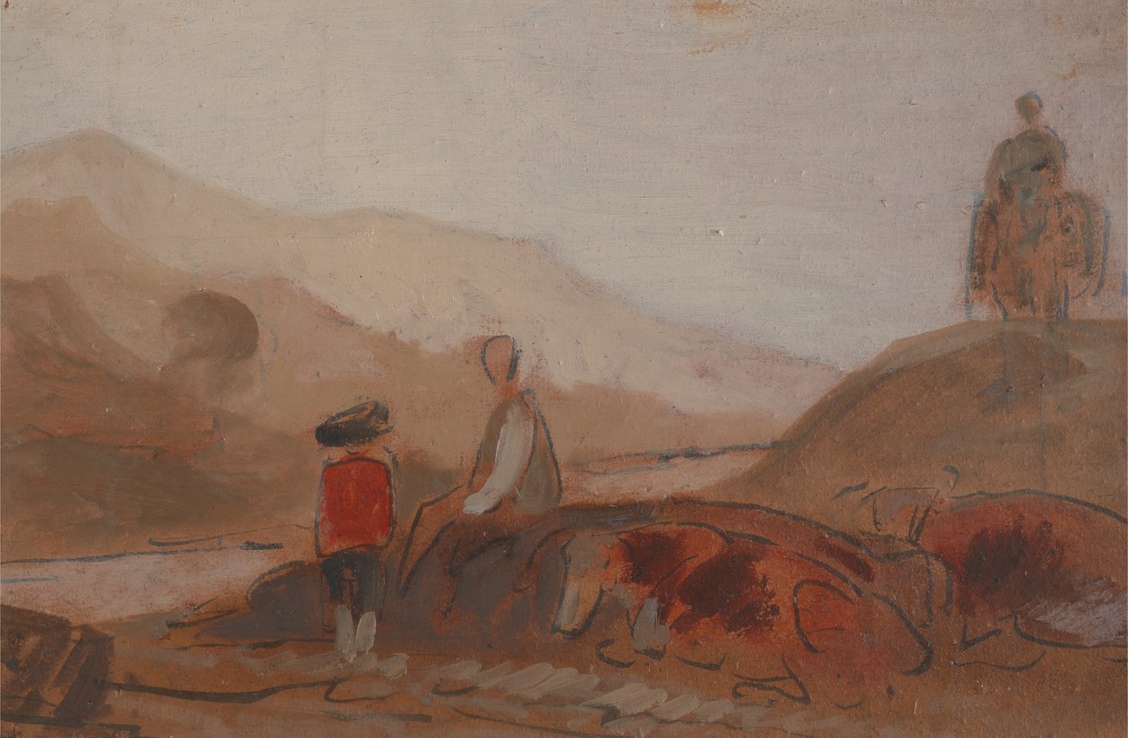 Paesaggio montuoso con figure vicino a un lago, 1825-1830 da Unbekannt