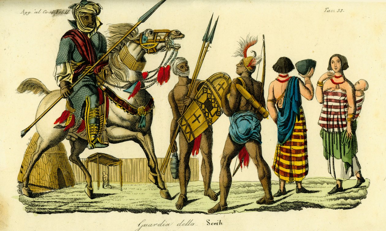 Guardia del corpo a cavallo dello Sceicco di Bornu insieme a lanciere Kanembu e arciere Munga, Impero di Kanem-Bornu da Unbekannt