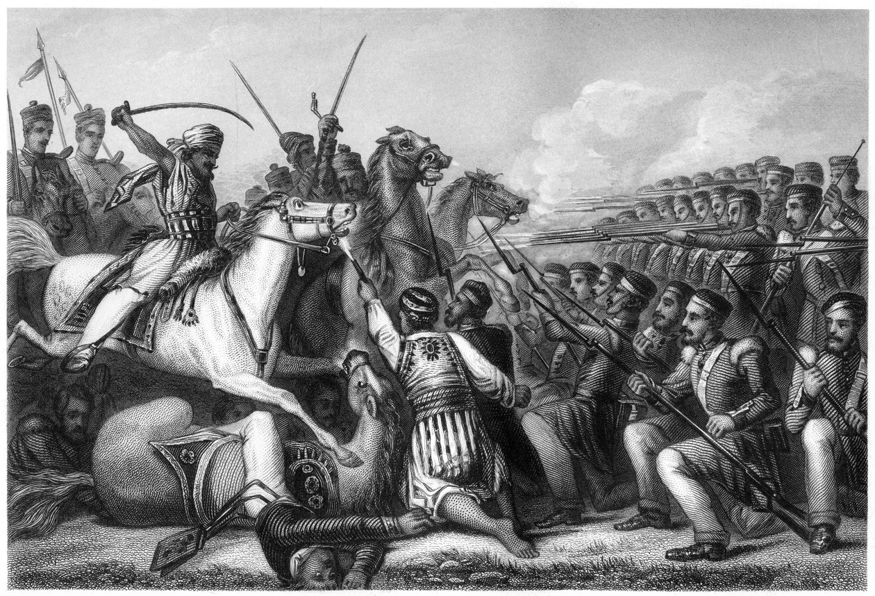 Cavalleria ribelle che attacca una piazza di fanteria alla Battaglia di Cawnpore, 1857, c1860 da Unbekannt