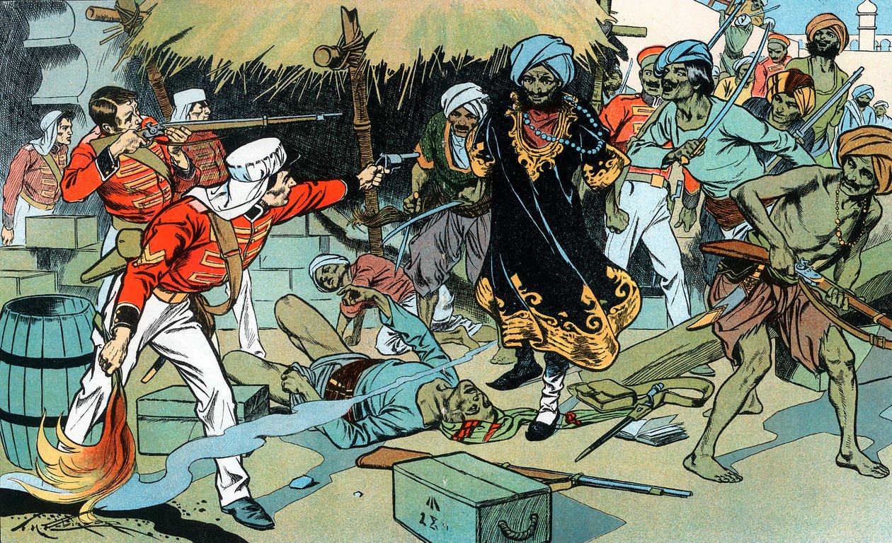 Rivoltosi che attaccano il magazzino a Delhi, Rivolta Indiana, 11 maggio 1857 c1900 da Unbekannt