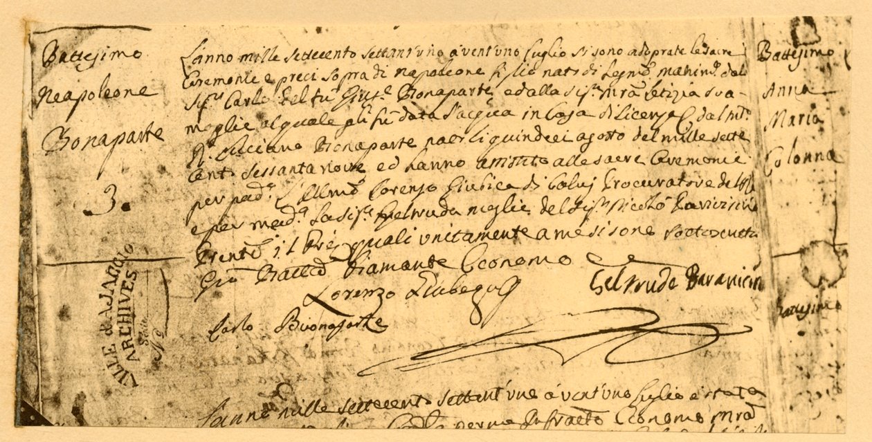 Certificato di nascita di Napoleone, 19 luglio 1782, 1921 da Unbekannt