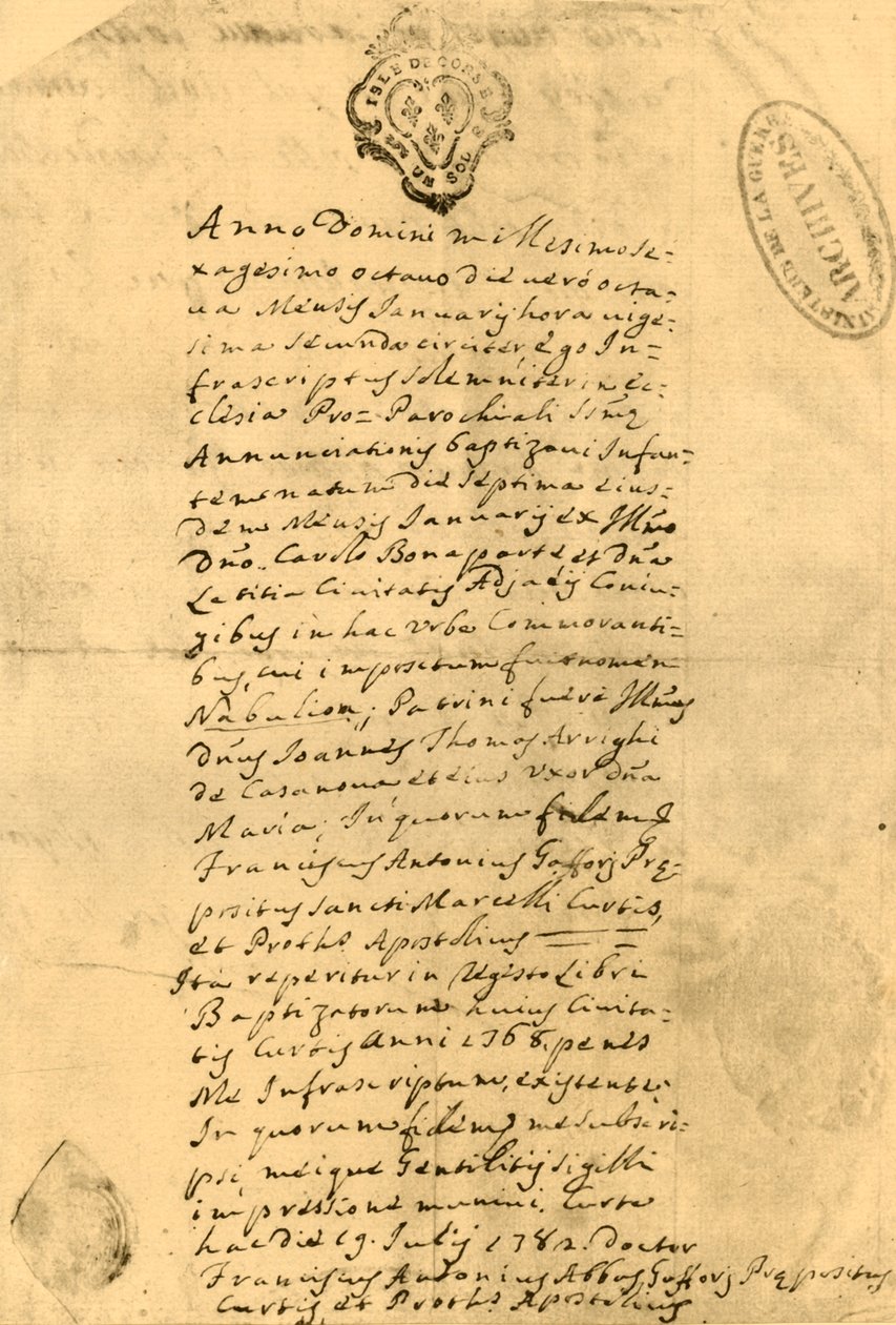Certificato di nascita di Napoleone, 21 luglio 1771, 1921 da Unbekannt