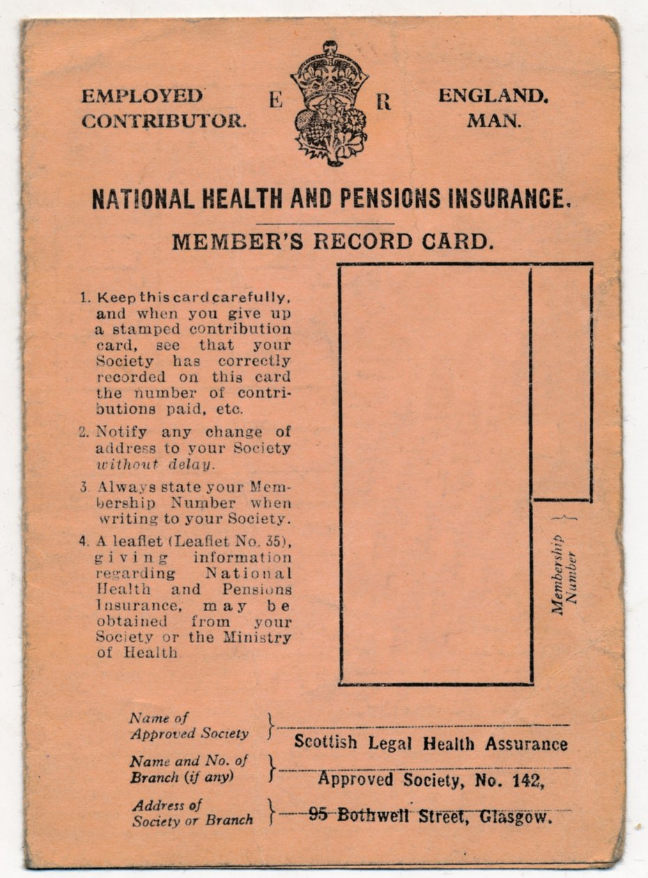 Tessera di Assicurazione Nazionale per la Salute e le Pensioni: Scheda di Registrazione dei Membri, c1930 da Unbekannt
