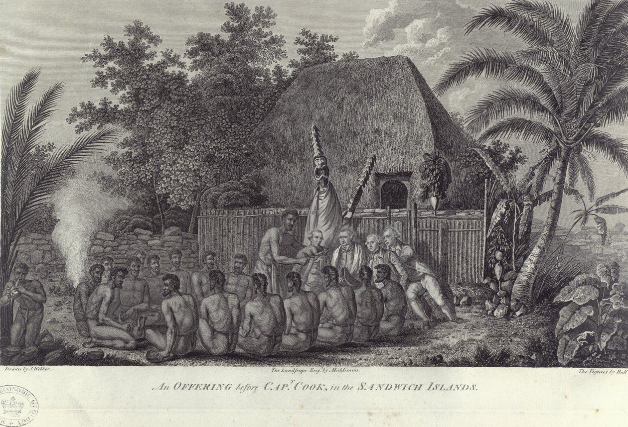 Nativi delle Isole Sandwich, Hawaii, che macellano maiali davanti al Capitano Cook, c1778 da Unbekannt