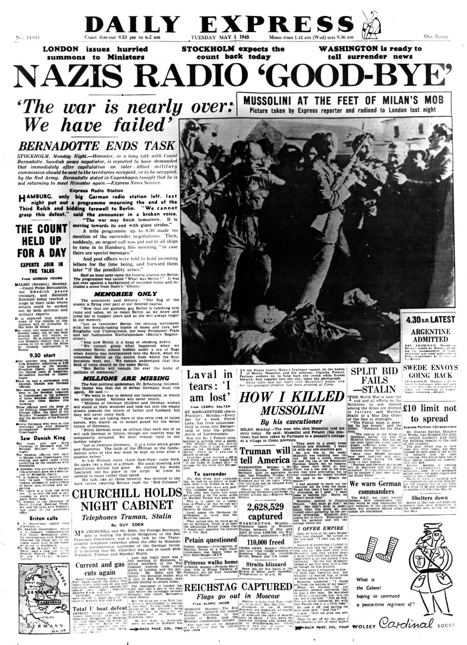 Addio alla radio dei nazisti, prima pagina del Daily Express, 1 maggio 1945 da Unbekannt
