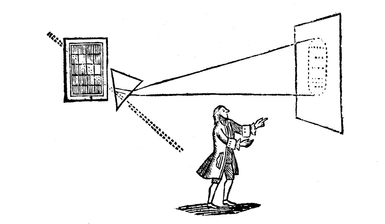 Esperimento di Newton che divide la luce bianca nei colori dello spettro con un prisma, 1757 da Unbekannt