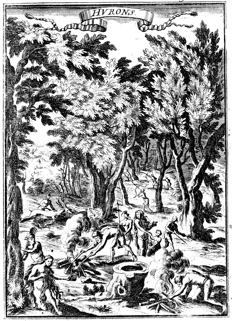 Indiani Huron del Nord America che cacciano e preparano cibo nel bosco, 1686 da Unbekannt