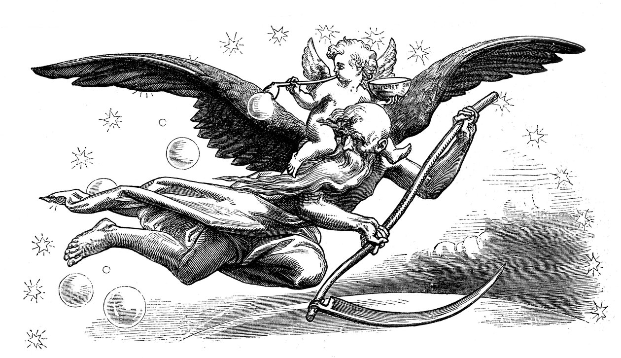 Il vecchio Padre Tempo con la sua falce, portando il nuovo anno, 1870 da Unbekannt