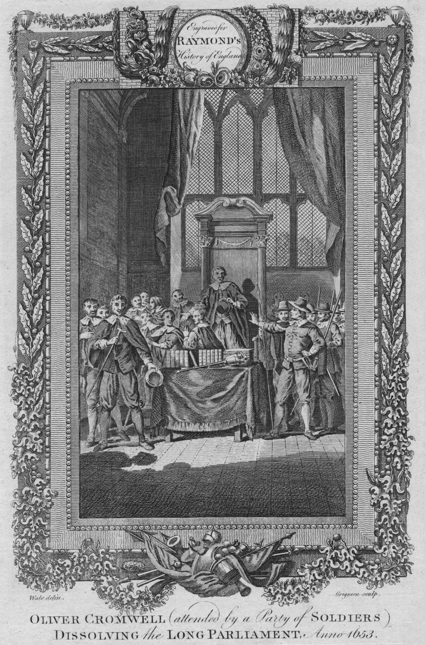 Oliver Cromwell accompagnato da una città di soldati che scioglie il Lungo Parlamento. Anno 1653, c1787 da Unbekannt