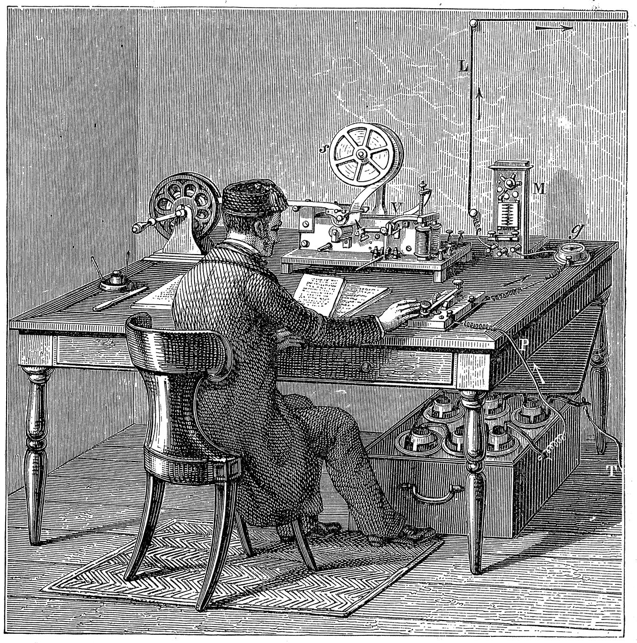 Operatore che invia un messaggio su un telegrafo elettrico Morse, 1887 da Unbekannt