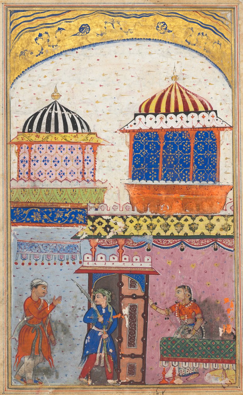 Pagina da Racconti di un pappagallo Tuti-nama: Ottava notte: Una donna chiede al suo amante di andarsene..., c. 1560 da Unbekannt