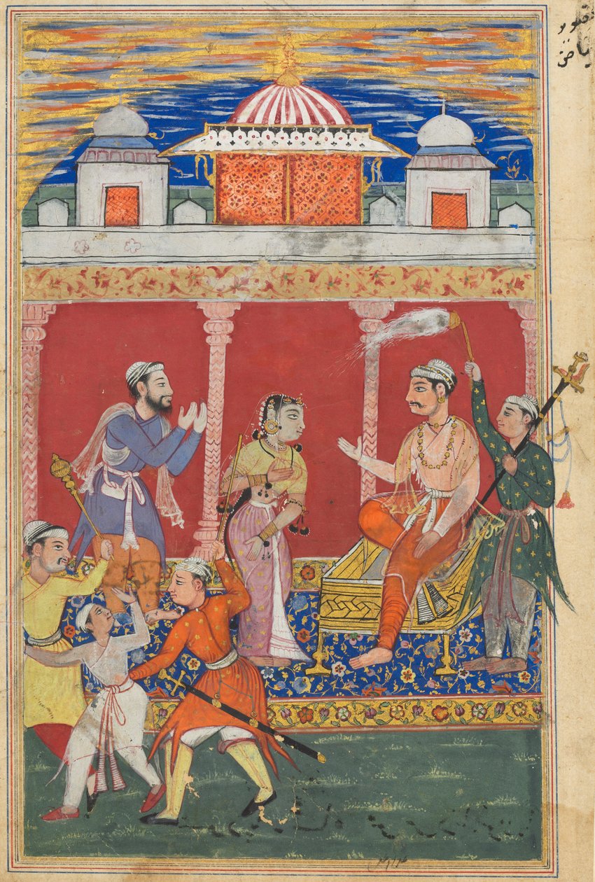 Pagina da Le storie di un pappagallo Tuti-nama: Ottava notte: La prova della principessa continua..., c. 1560 da Unbekannt