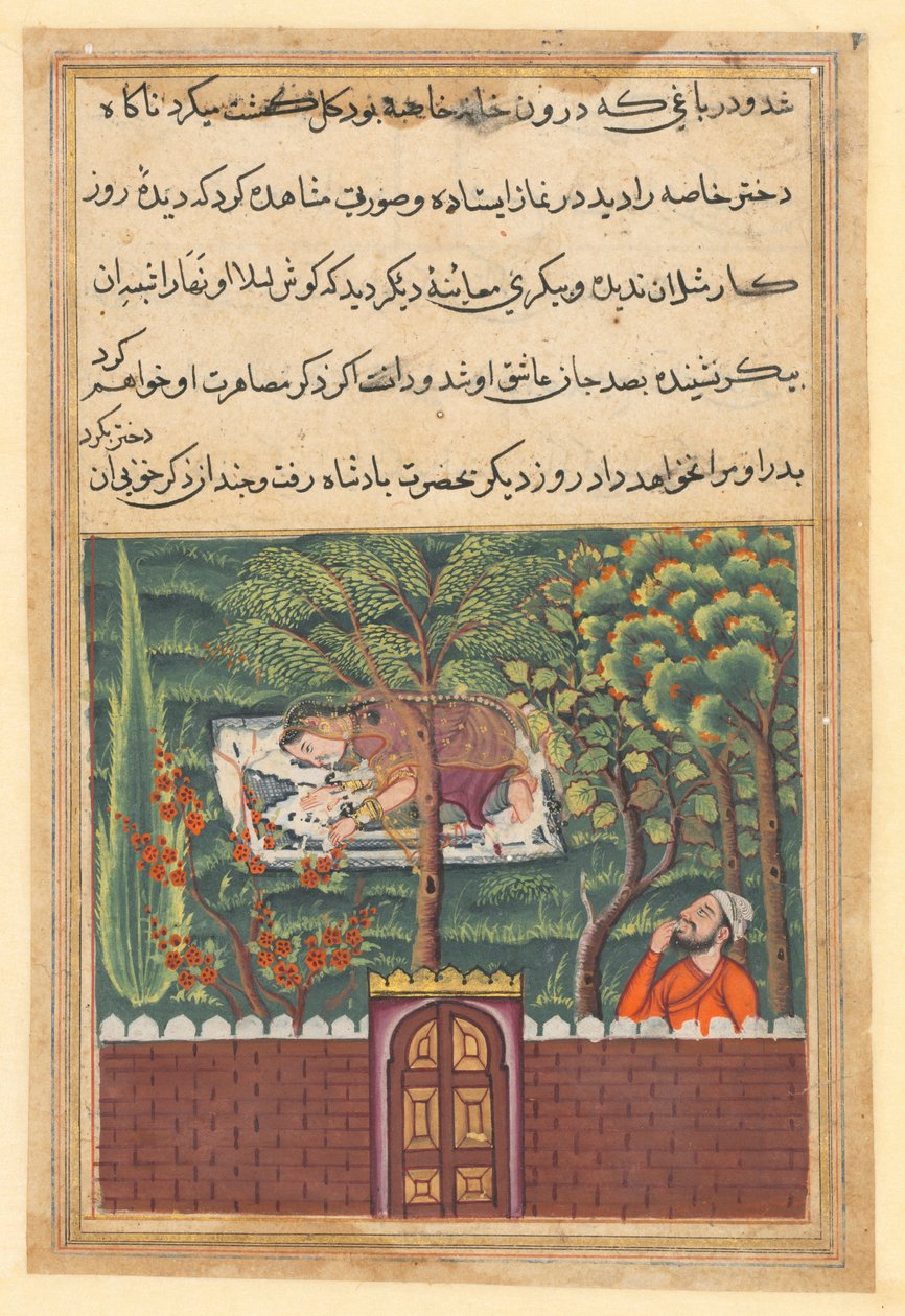Pagina da Racconti di un pappagallo Tuti-nama: Cinquantunesima notte: Khulasa, un visir, vede..., c1560 da Unbekannt