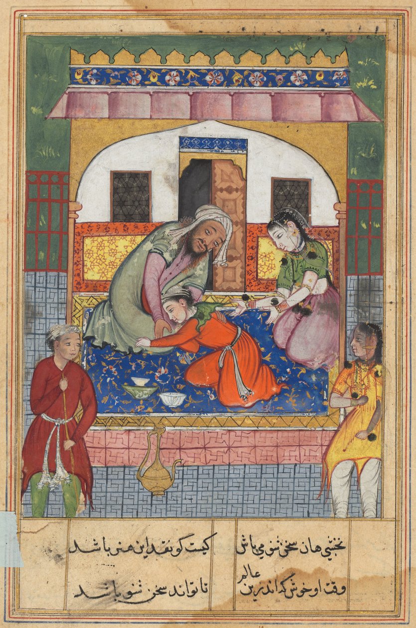 Pagina da Racconti di un pappagallo Tuti-nama: Quarantaduesima notte: Pentendosi della sua condotta..., c. 1560 da Unbekannt
