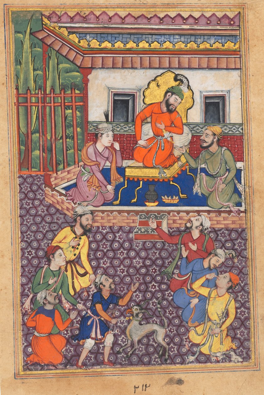 Pagina da Racconti di un pappagallo Tuti-nama: Quarantaseiesima notte: La corte del Raja di Ujjain, c. 1560 da Unbekannt