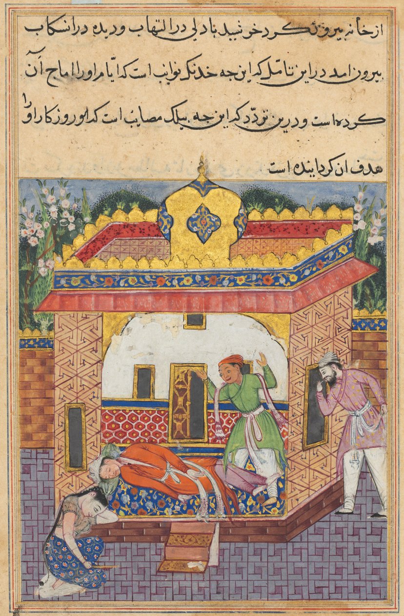 Pagina da Racconti di un pappagallo Tuti-nama: Trenta-seconda notte: Latif, che ha ucciso..., c. 1560 da Unbekannt