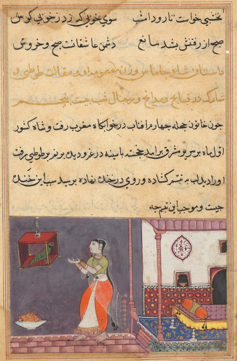 Pagina da Racconti di un Pappagallo Tuti-nama: Venticinquesima notte: Il pappagallo si rivolge a Khujasta..., c1560 da Unbekannt