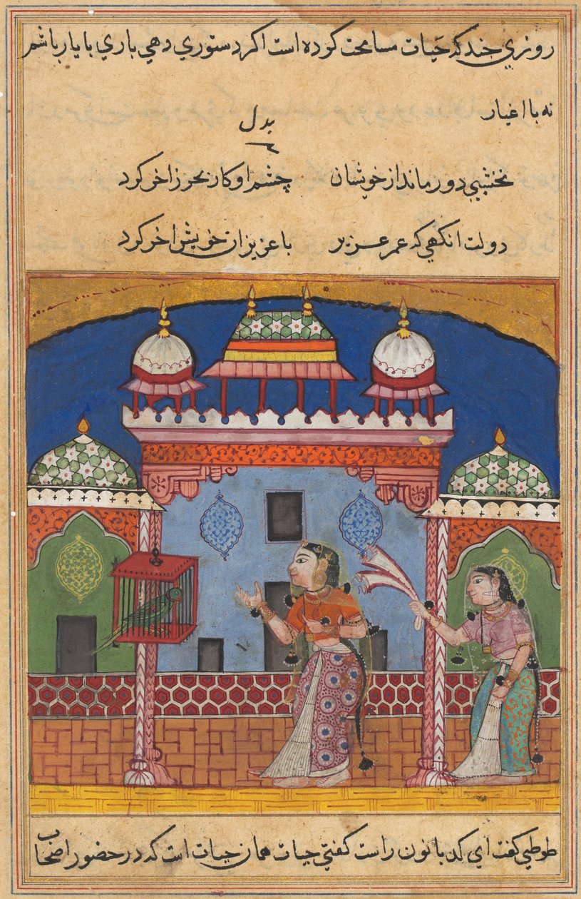 Pagina da Tales of a Parrot Tuti-nama: Ventiduesima notte: Il pappagallo parla..., c. 1560 da Unbekannt