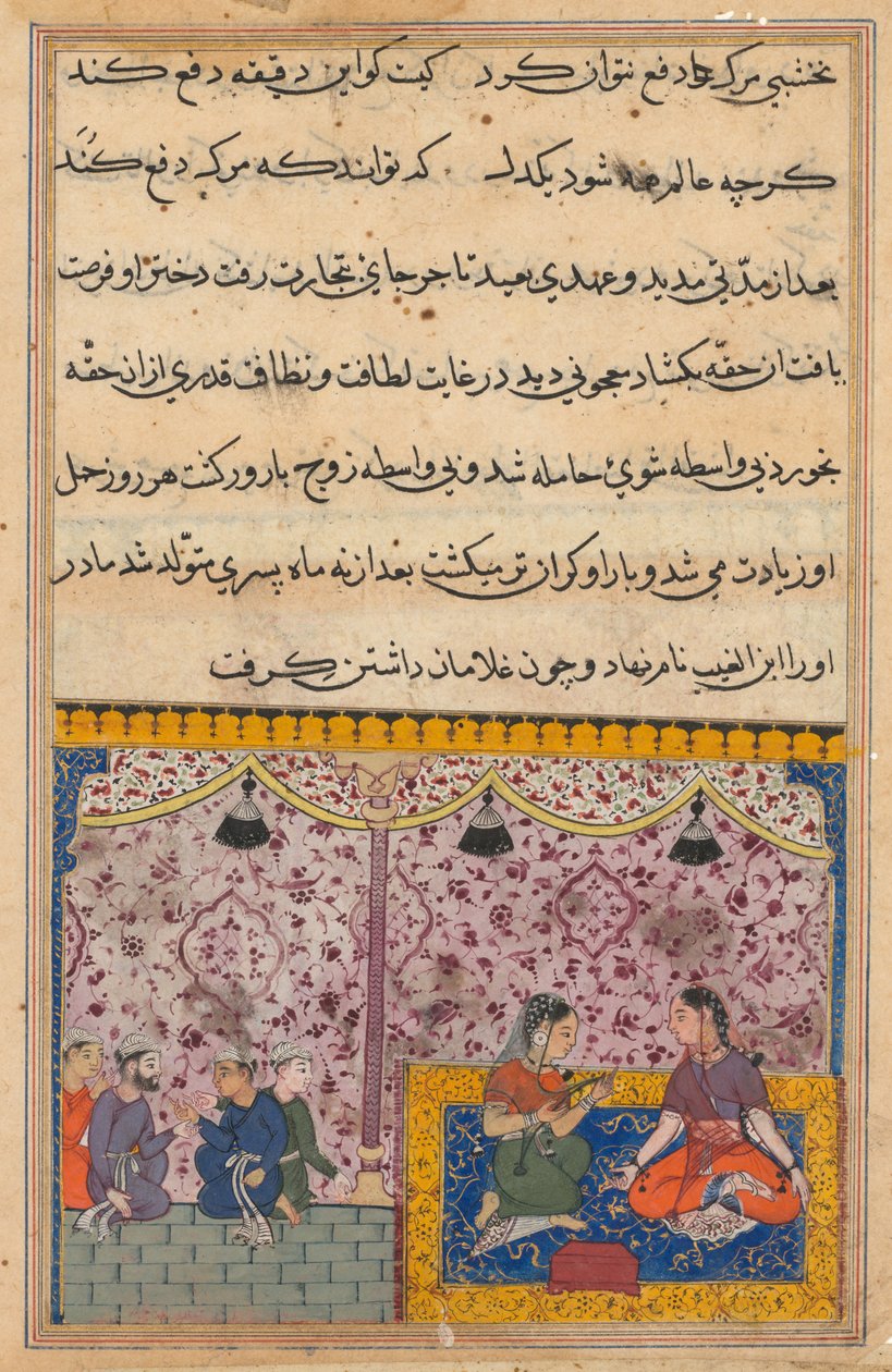 Pagina da Racconti di un pappagallo Tuti-nama: Ventitreesima notte: La figlia del mercante..., c. 1560 da Unbekannt