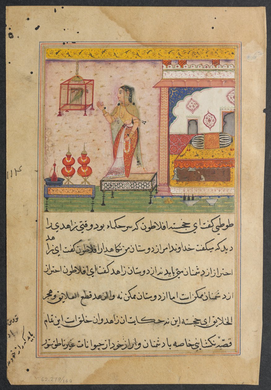 Pagina da Racconti di un pappagallo Tuti-nama: Ventitreesima notte: Il pappagallo parla..., c. 1560 da Unbekannt